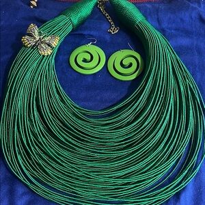 Green Multi-Strand Statement Necklace with Spiral Earrings - Brand: